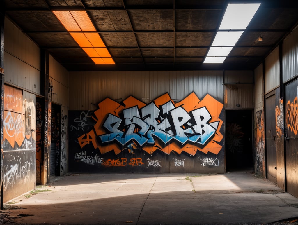 abandoned storage with graffiti, black, orange colors