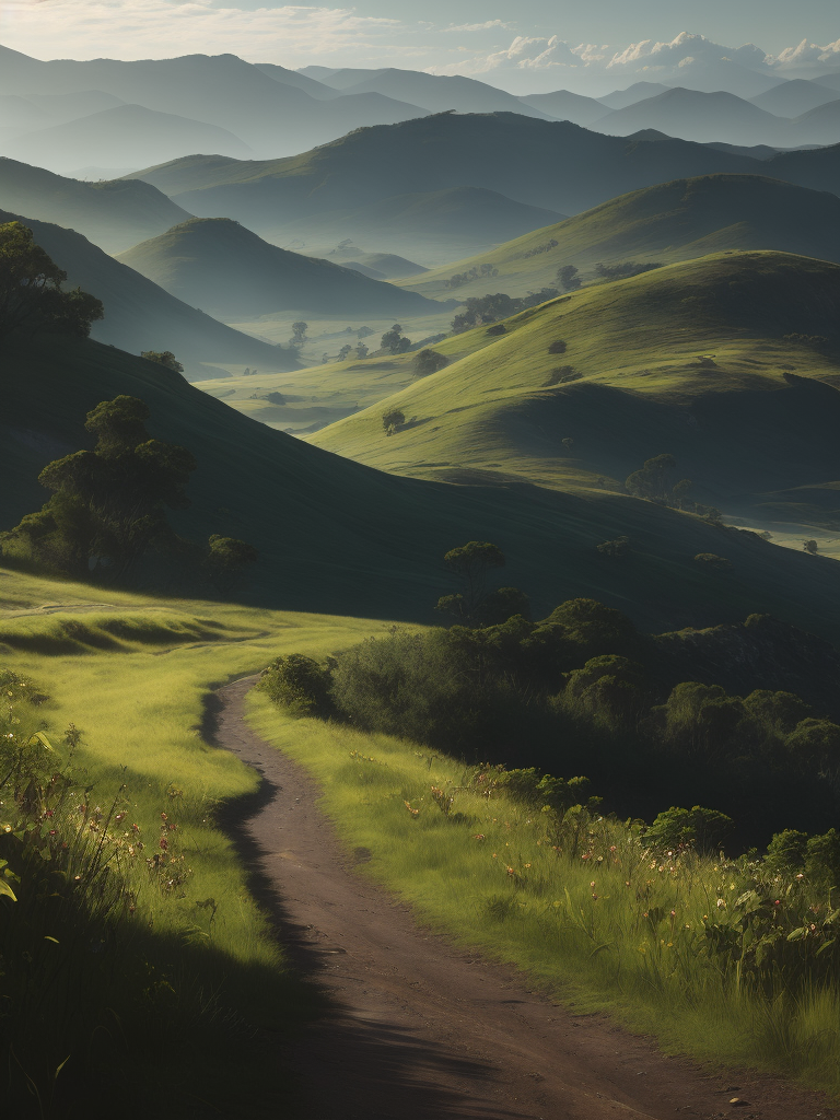 a beautiful fantasy landscape with a dirt road going through a green countryside, digital painting by Noah Bradley