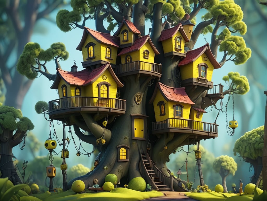 An elaborate, whimsical, bright yellow treehouse in the style of Tim Burton on a bright sunny day. The tree's leaves are an electric lime green color. the tree trunk is a dark brown.