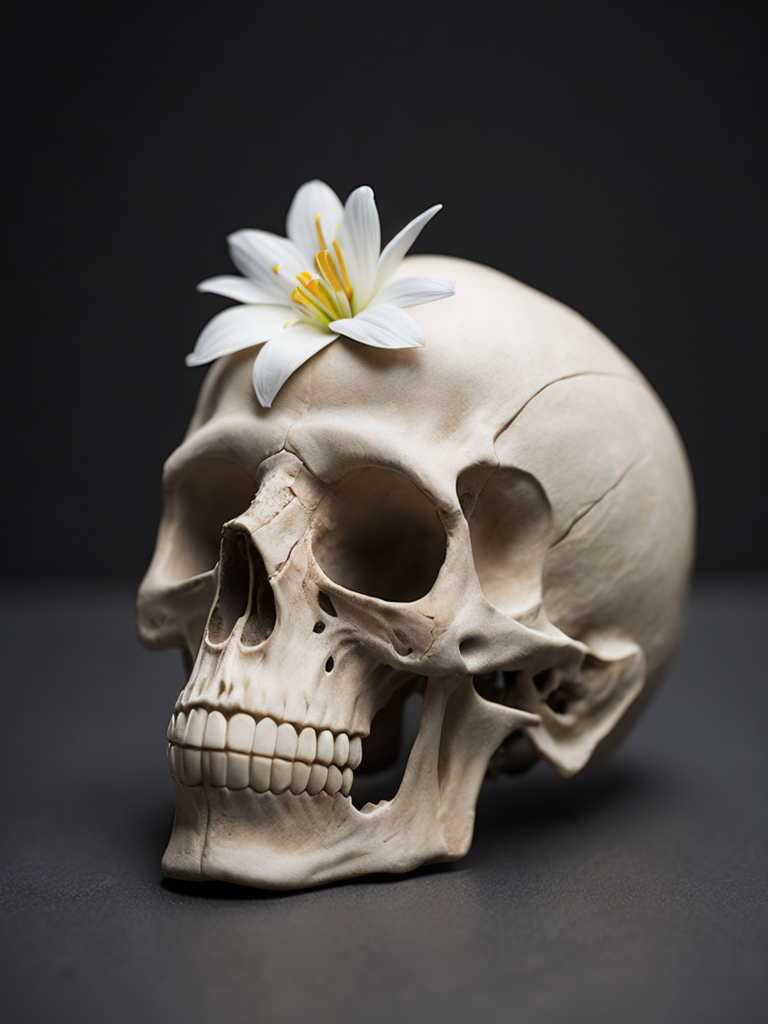 very detailed side view of human skull, with white lilies , shallow depth of field focus, black background, moody dramatic lighting, candles dead insects and dead ravens