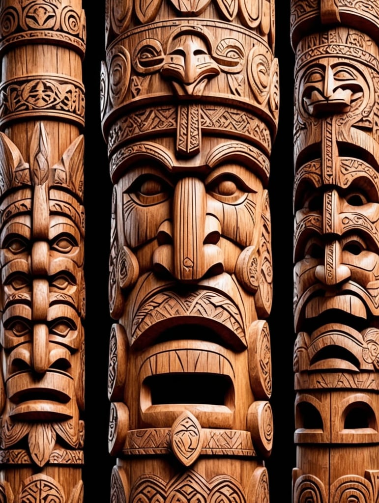 viking's wooden totem pole, viking faces carved, animals carved, traditional ornament around