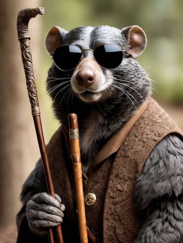 In the image, there is an intriguing blind mole, elegantly attired with sunglasses perched atop his nose, a walking stick in his hand, and a blindfold gently resting on his arm. This striking portrait, perhaps a photograph, captures the essence of the mole's condition with remarkable clarity. The mole's fur is depicted in various hues, displaying a mix of soft browns and velvety grays, while the sunglasses, meticulously crafted, exude an air of sophistication. The walking stick, elaborately carved and polished, adds an element of dignity to the mole's posture. Overall, this exquisitely detailed image invites viewers to contemplate the unique perspective and resilience of this fascinating creature.