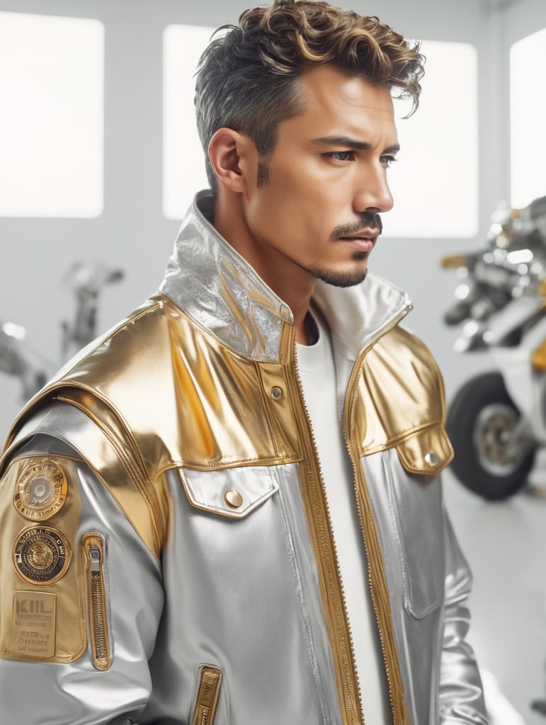 Jacket, futurist, mechanic, gold, silver, shot on leica, fashion portrait, by kith