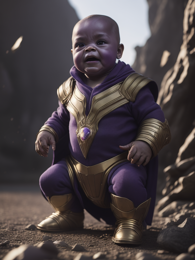 Villainous purple Thanos as a baby sitting on the ground of an alien planet playing with an Infinity Stone, High definition Kodak colour photography