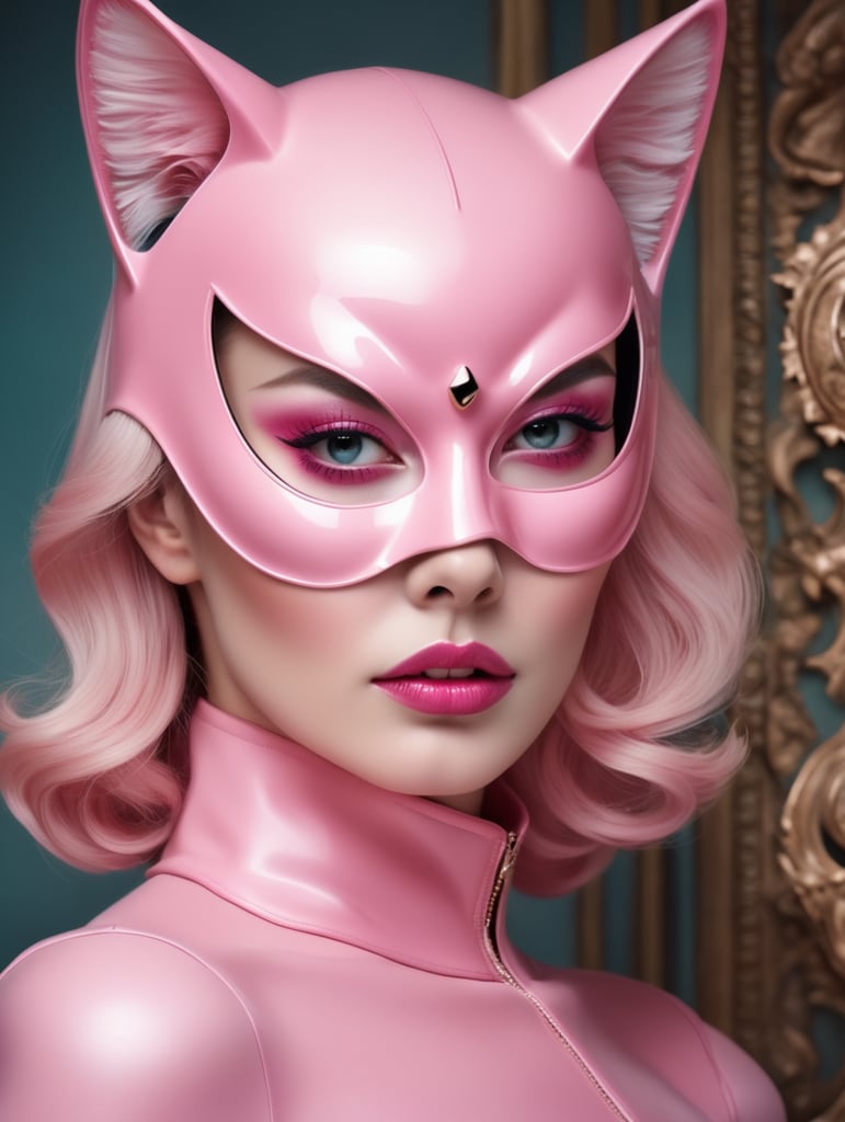 Close up portrait photography, of a gorgeous lady, wearing a pink cat woman mask, 80 degree view, art by sergio lopez, natalie shau, james jean and salvador dali