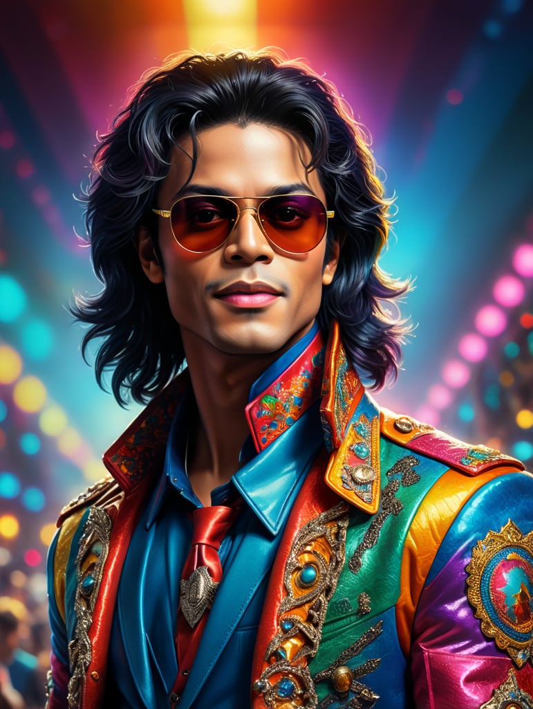 michael jackson wearing a brightly patterned jacket and wayfarer glasses, Vivid saturated colors, Contrast color