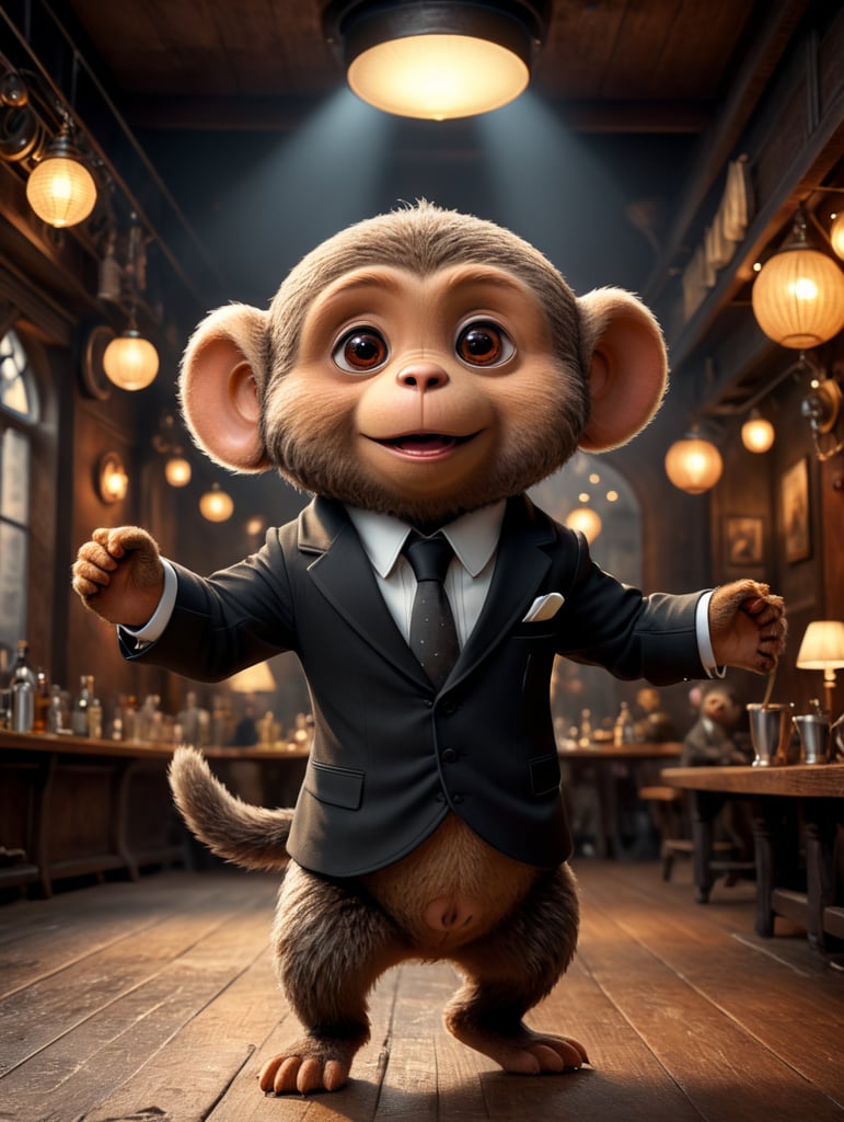 создай картинку с главным героем фильма "Чебурашка", у него большие круглые уши, а тело обезьянки, он во фраке танцует в караоке-баре