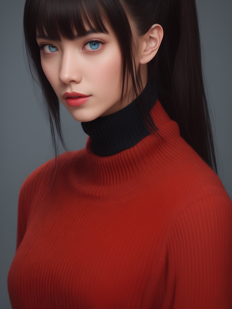 1girl, tohsaka rin, solo, long hair, sweater, red sweater, looking at viewer, blue background, black hair, simple background, two side up, turtleneck, blue eyes, lips, closed mouth, ribbon, hair ribbon, bangs, turtleneck sweater, upper body, parted bangs, black ribbon, ribbed sweater, twintails, nose,