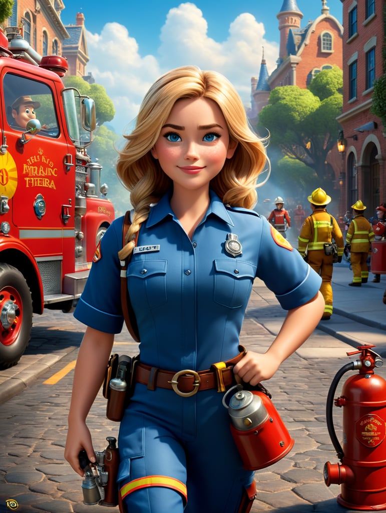 A Disney Pixar-inspired movie poster with the title *MARINA* featuring *woman firefighter wearng short blonde hair, blue eyes and woman doctor wearing long brown hair, brown eyes, our loves,* The scene should be set in the distinct digital art style of Pixar, with a focus on character expressions, vibrant colors, and detailed textures that are characteristic of Pixar animation, standing centered in 3D style, rendered using beautiful Disney animation, Pixar style, Disney style, 3D style