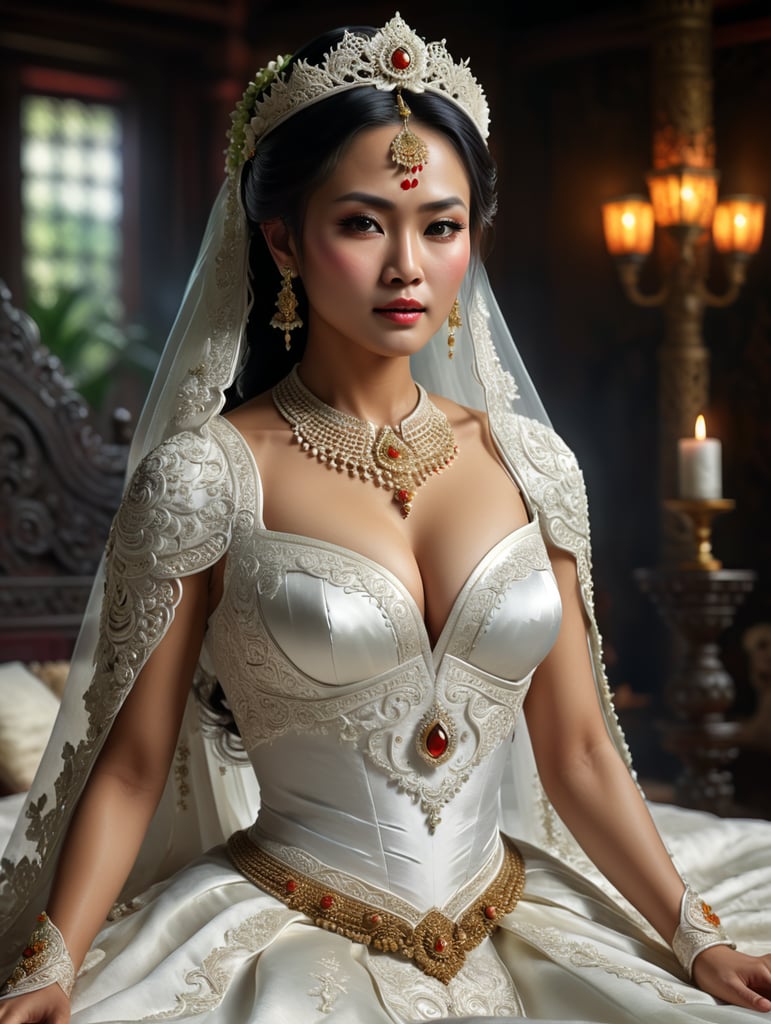 Pengantin jawa berbaju putih, dada terbuka, tanpa mahkota, wajah innocent, latar belakang ranjang pengantin, postur tubuh sintal berisi