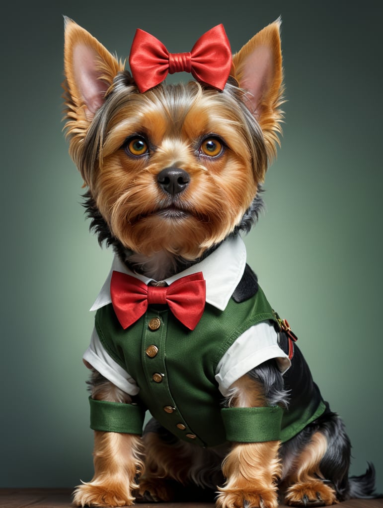 собака йоркширский терьер женского пола с серой шерстью, черными глазами,коричневым носом и бантиком на голове. собака на руках у девушки с красным каре, зелёными глазами, бедной кожей, одетой в чёрные джинсы и белую рубашку