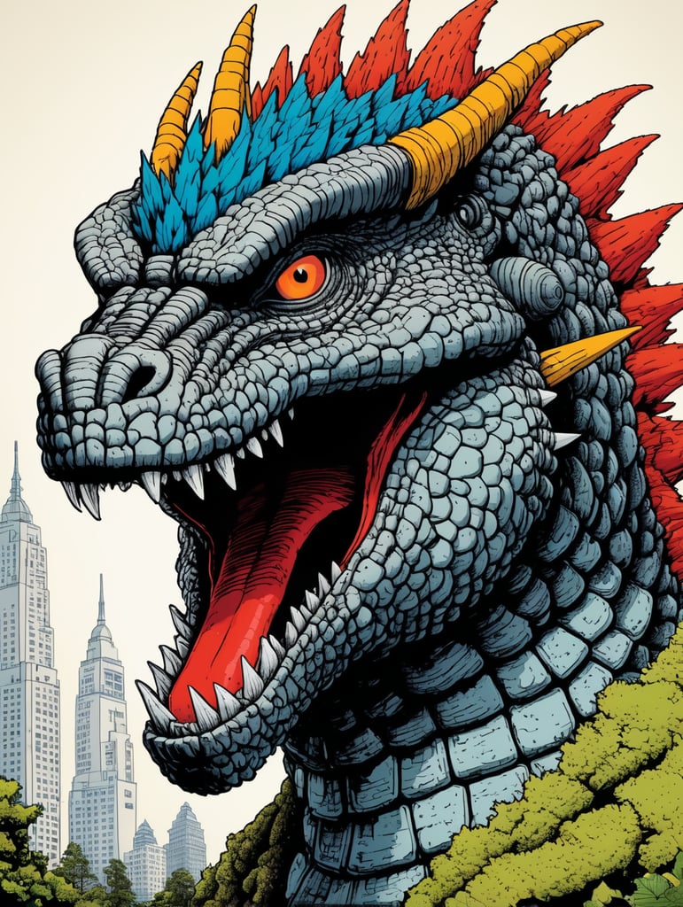 Detailed pen and ink illustration of a godzilla, head only, detailed anthropology, minimalist background, by herge, in the style of tin-tin comics, colorful, detailed, high quality