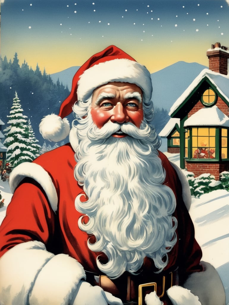 Illustration of a Santa in the style of Donald Fraser Gould McGill and a Bamforth postcard