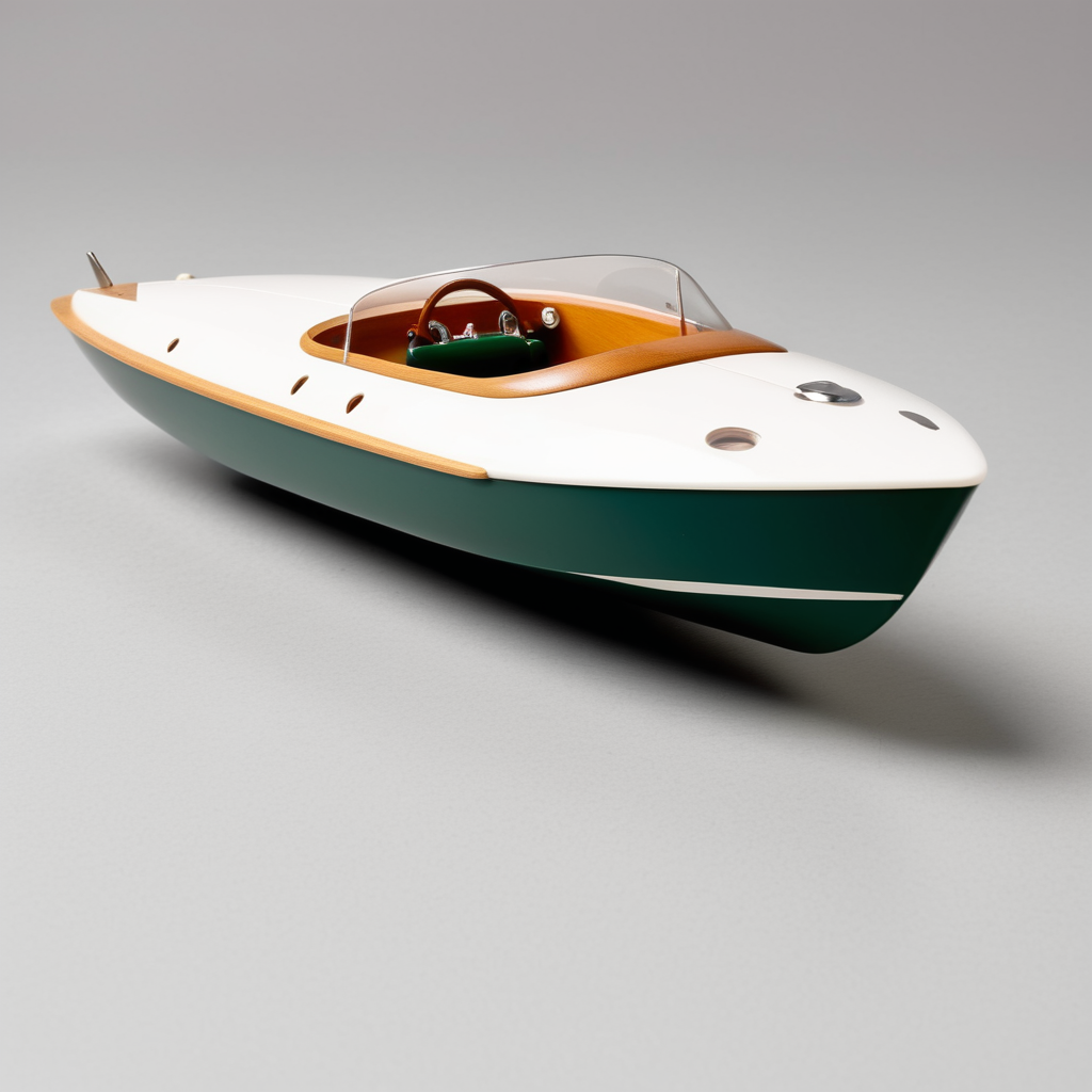 Toy chubby 1950s riva high speed racing boat designed by Dieter Rams. Simplistic minimalist post modernist product design. Oak top decking and white injection molded plastic hull. Full object in view.