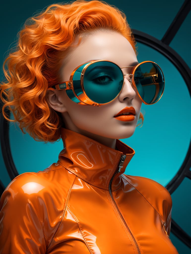 Envision a world where the blend of vintage glamour and ultramodern aesthetics coexist. Dive deep into a color palette dominated by electric teal and fiery orange, where the hues don't just complement, but amplify each other. The subject is a figure of undeniable style and sophistication, reminiscent of a retro diva, but adorned with the trappings of a futuristic realm. Key elements: Hair: Voluminous, curly, and dyed a radiant shade of neon orange that seems to emit its own light. It should stand in stark contrast to the rest of the surroundings. Eyewear: Oversized sunglasses with a reflective teal lens, edged with a metallic frame. The design is sleek, bold, and evokes the sense of advanced technology. Attire: A glossy, skin-tight jacket in a shade of muted gold or mustard. This garment should exhibit a blend of past and future fashion, a statement of class, and cutting-edge design. Makeup: Ethereal, with metallic lips that match the jacket and teal eyeshadow to mirror the sunglasses. The skin should have