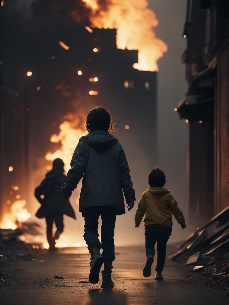 hyper-realistic, ultra-detailed of a scared palestinian kids running from big fire explosions of the house in the background, depth of field, sunlight fractal details, depth of field, HOF, hall of fame, apocalyptic environment, trending on Artstation, 64k, ultra-detailed, ultra-accurate detailed, surrealism, dark, dust, sparks, apocalypse