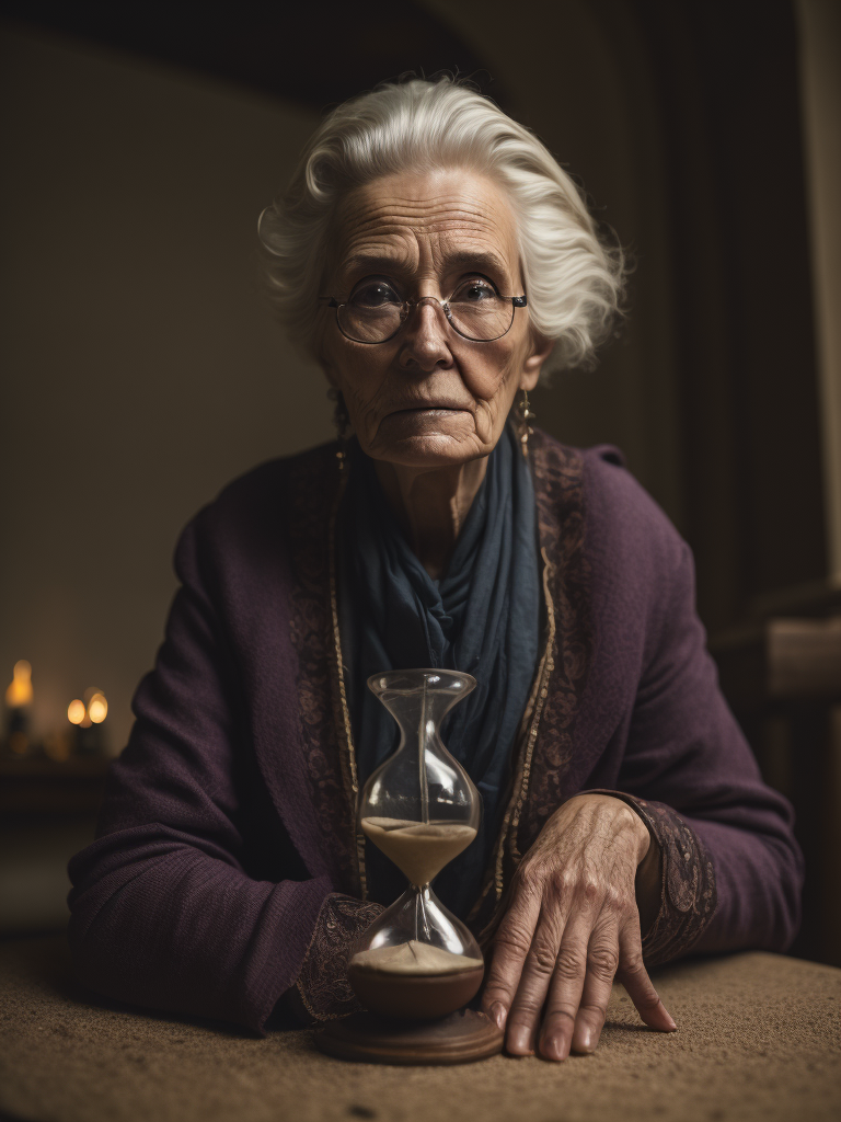 "The old lady sits at the table, with an hourglass standing in front of her. The sand inexorably moves, dwindling, while old age deepens, and a sense of hopelessness prevails."