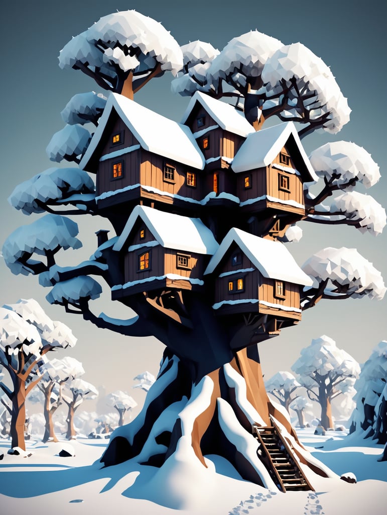 Dwarves' house on a branching tree, a lot of snow, low poly style