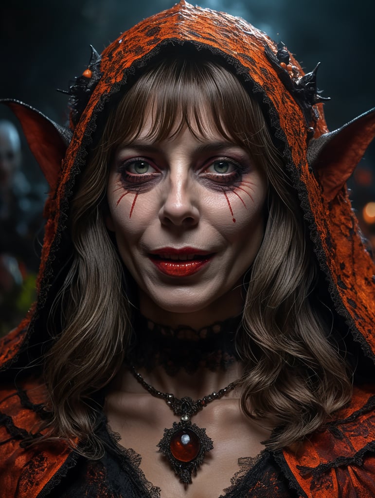Jane Birkin as a creepy evil character in spooky Halloween costume, Vivid saturated colors, Contrast color