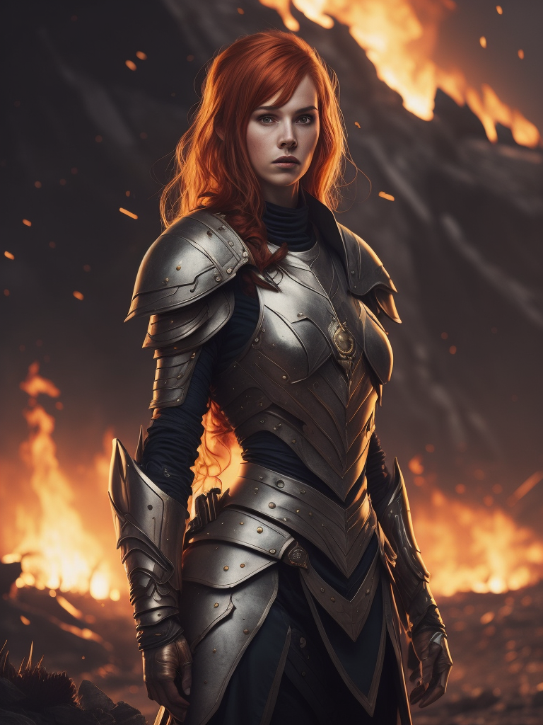 detailed illustration of ginger female divine paladin wearing full plate armor, heavily damaged armor, standing sad on a battlefield, battlefield on fire as background, dirt, misery and decadence, dark ambient, art by Mschiffer, tetradic colors,