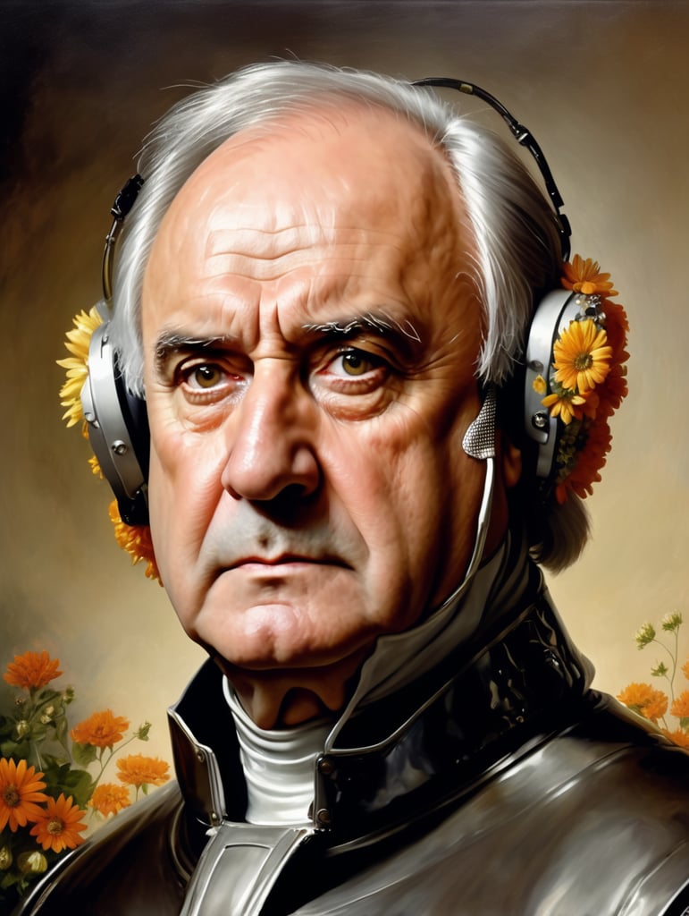 Portrait of the German chancellor Helmut Kohl wear a silver Space suit painted by Rembrandt Harmenszoon van Rijn, sad face, America, so sorry, bald head, over and over surrounded by big flowers