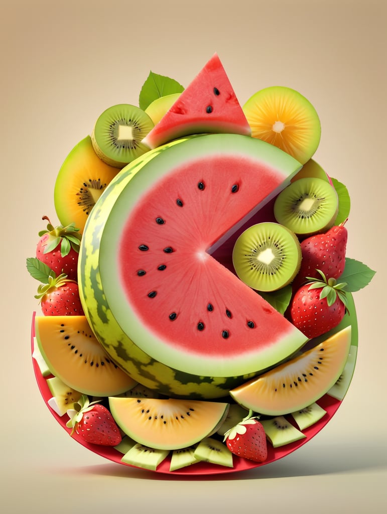 Colorful sliced fruit pieces, top view, watermelon, dragon fruit, kiwi, strawberry