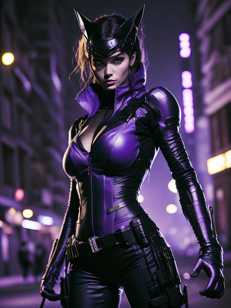 Catwoman in her classic purple and black costume, with her signature whip coiled around her waist and her sleek, feline-like movements. the background is a dark alleyway, with the neon lights of the city flickering in the distance