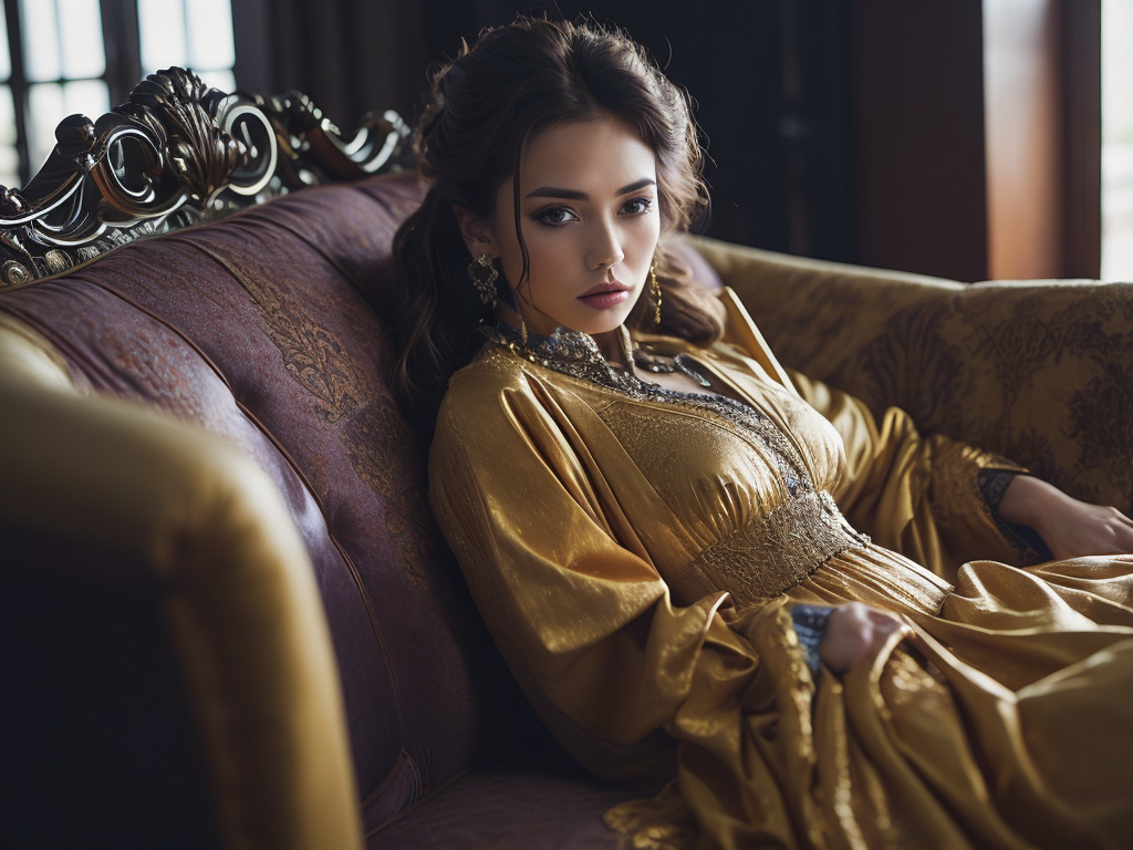 beautiful 20 year old woman in lavish golden robe laying on an antique sofa, face in focus, detailed eyes, highly detailed, sharp focus, golden jewelry