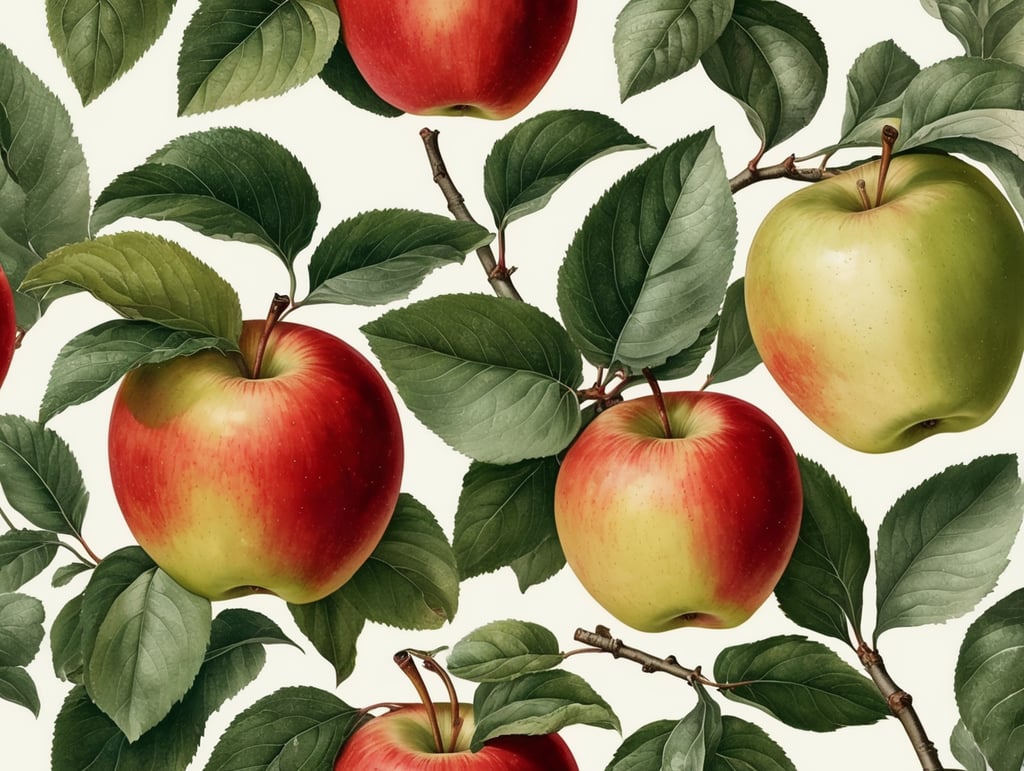 Botanical print. apples with leaves