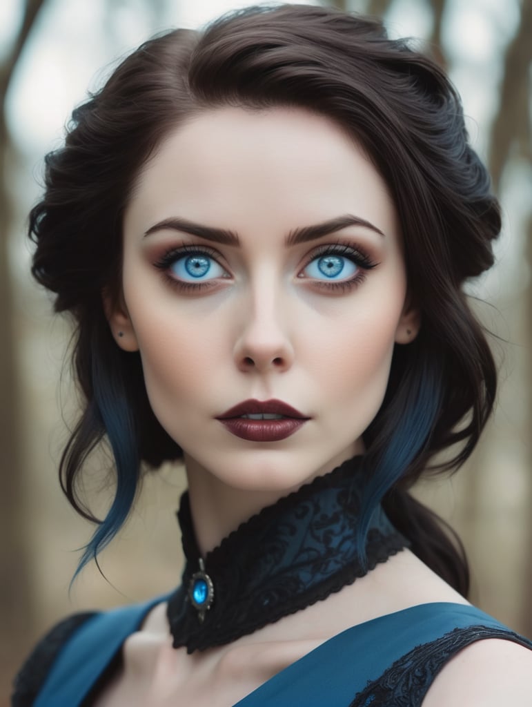 Beautiful pale skin, dark brown hair, stylized hair, blue eye, woman looking slightly up an off into the distance, 3 4 turn, goth, evil