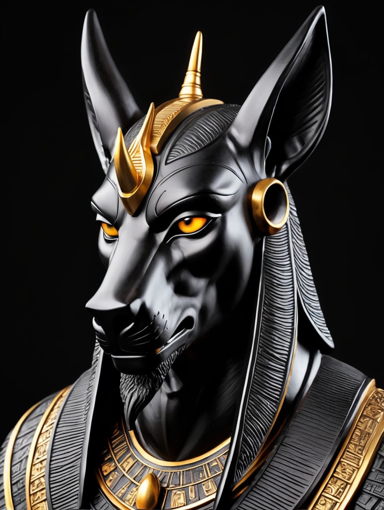 Egyptian god Anubis, statue, carved black wood, portrait, hyper-realistic, dark style, focus on face, sharp on details, black background