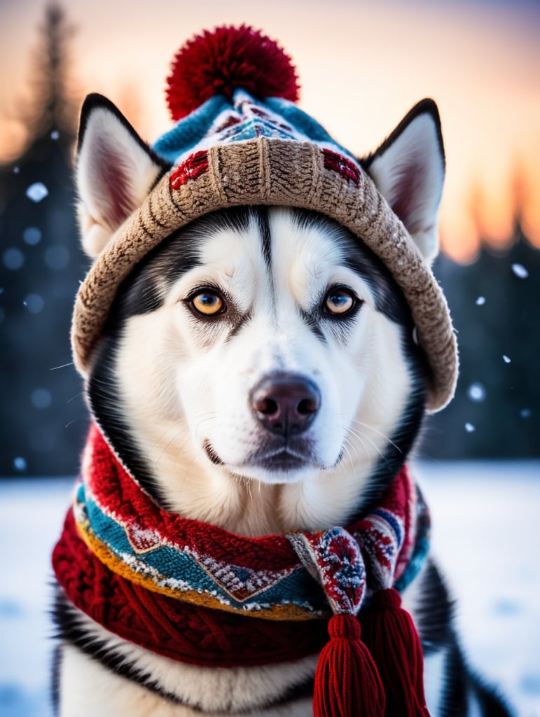 husky siberiano de cachecol e touca na neve cores saturadas contraste cor ícone da moda estilo rockstar imagem icônica lenda da música Escala CFG: 4