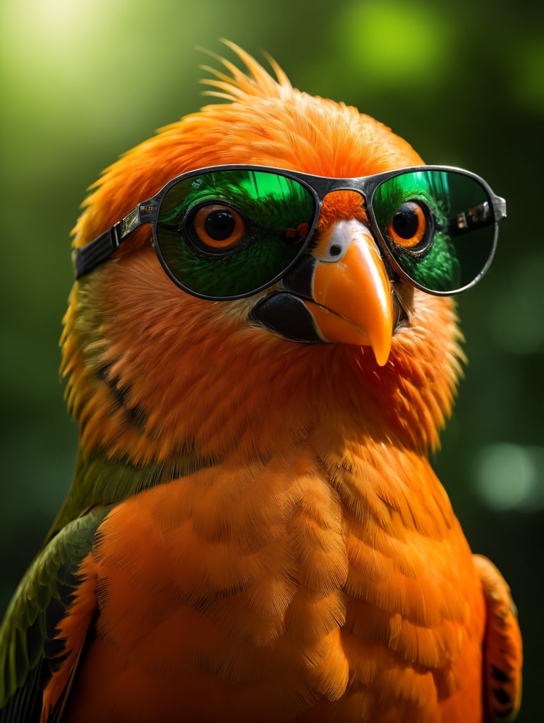 portrait of a orange bird, wearing green sunglasses, green background, bright colors