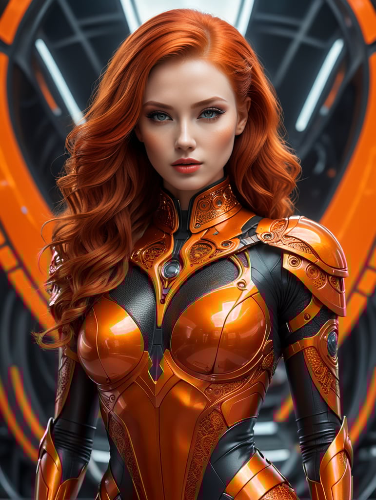 A beautiful redhead female artist all orange sleek futuristic outfit, with intricate patterns, details, design, clean makeup, with depth of field, fantastical edgy and regal themed outfit, captured in vivid colors, embodying the essence of fantasy, minimalist, film grain