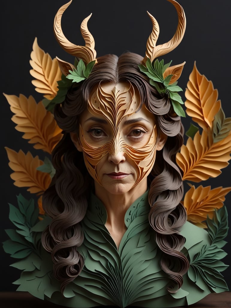 Ultrafine portrait of an old female faun, with a skin made of wood, looking at the camera, front view, with short and curve horns on her head, leaves on its hair, god of nature, sharp details,inspired by poison ivy from Batman,