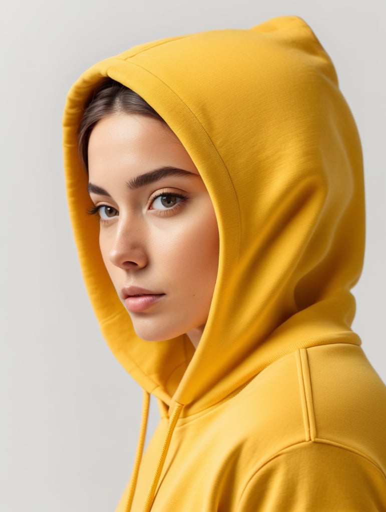 Portrait of a beautiful young woman wearing blank yellow hoodie, isolated, minimalism, mockup, mock up