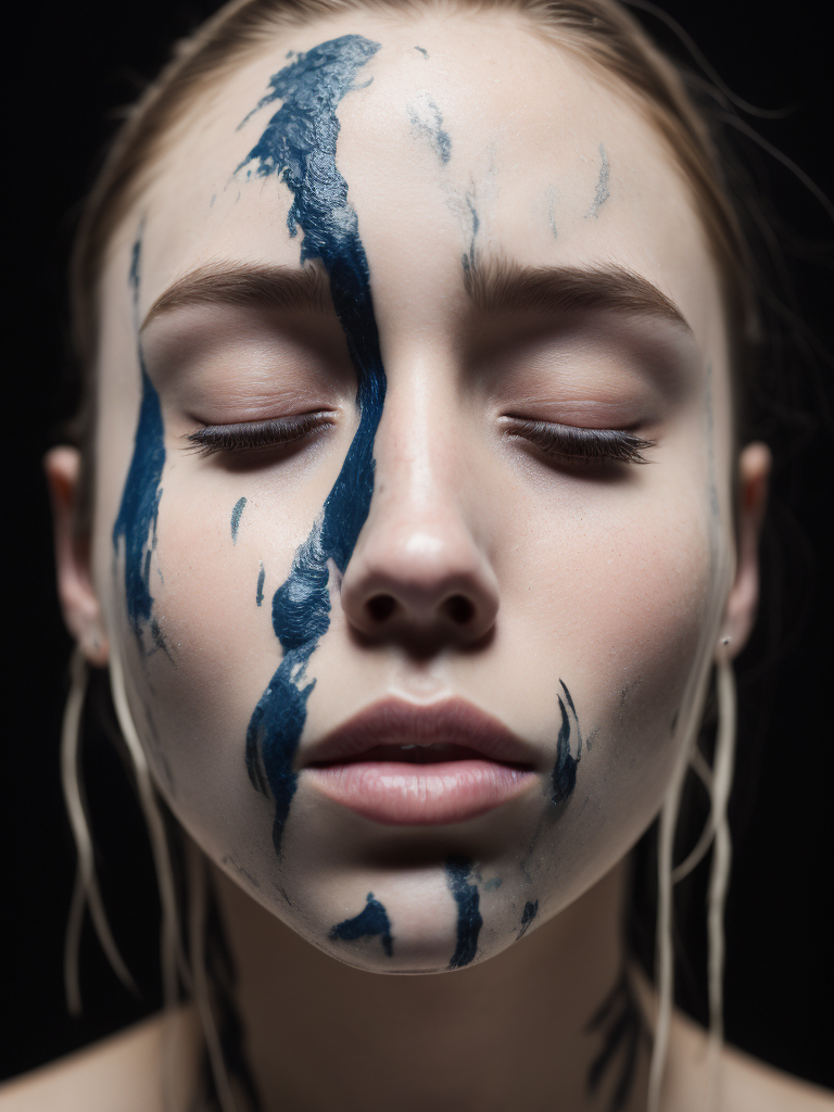 Portrait of a girl with a painted face and paint flowing from her face, closed eyes, black background