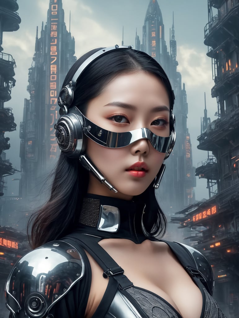 vintage medium shot of korean ethnicity girl dressed in chrome metallic mask and realistic cyberpunk outfit, a bit robotic, 1920's poster, with background of futuristic style buildings and futuristic rockets