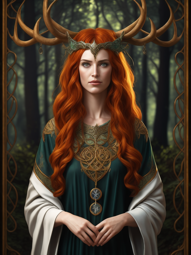 stained glass effect, celtic pagan red haired woman wearing antlers on her head, regal goddess, beautiful, in a forest, wearing ancient goddess robes with celtic embroidery, dark evening background, stained glass style