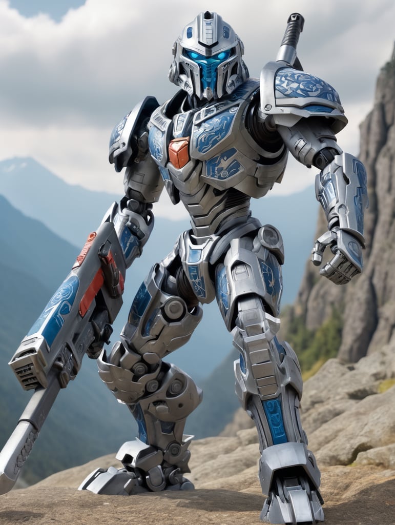 Bionicle, Hewkii, mechanical warrior, wielding axe, striding forward, mountainous background, holding small axe in left hand, shoulder-mounted blaster, heavy armor, pistons, large metal feet, droid, wearing mechanical mask, cyberpunk, hoses running along back