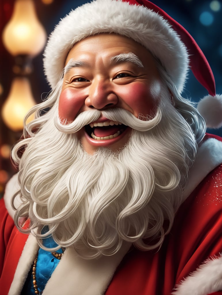 Portrait of a Japanese fat Santa Claus smiling, whimsical facial expression, flowing white beard, jolly caricature, saturated colors, red outfit, sharp focus, portrait photography, depth of field, dramatic candlelit lighting, incredibly high detailed, blue background, blurred background,