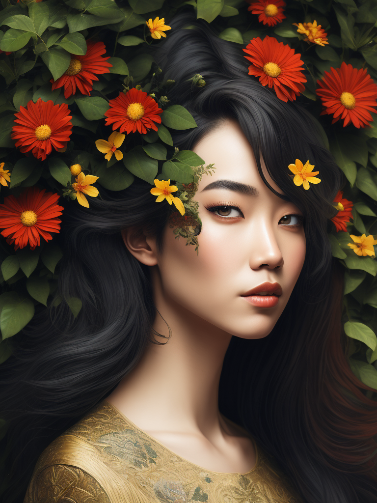 beautiful cute front portrait Korean ninfa, big long curly hair, herbs pastel colors, next to a green tree with green leabs, fliying yellow birds, flowers red by victo ngai, kilian eng, dynamic lighting, digital art, art by takato yamamoto,8K Akira Style design