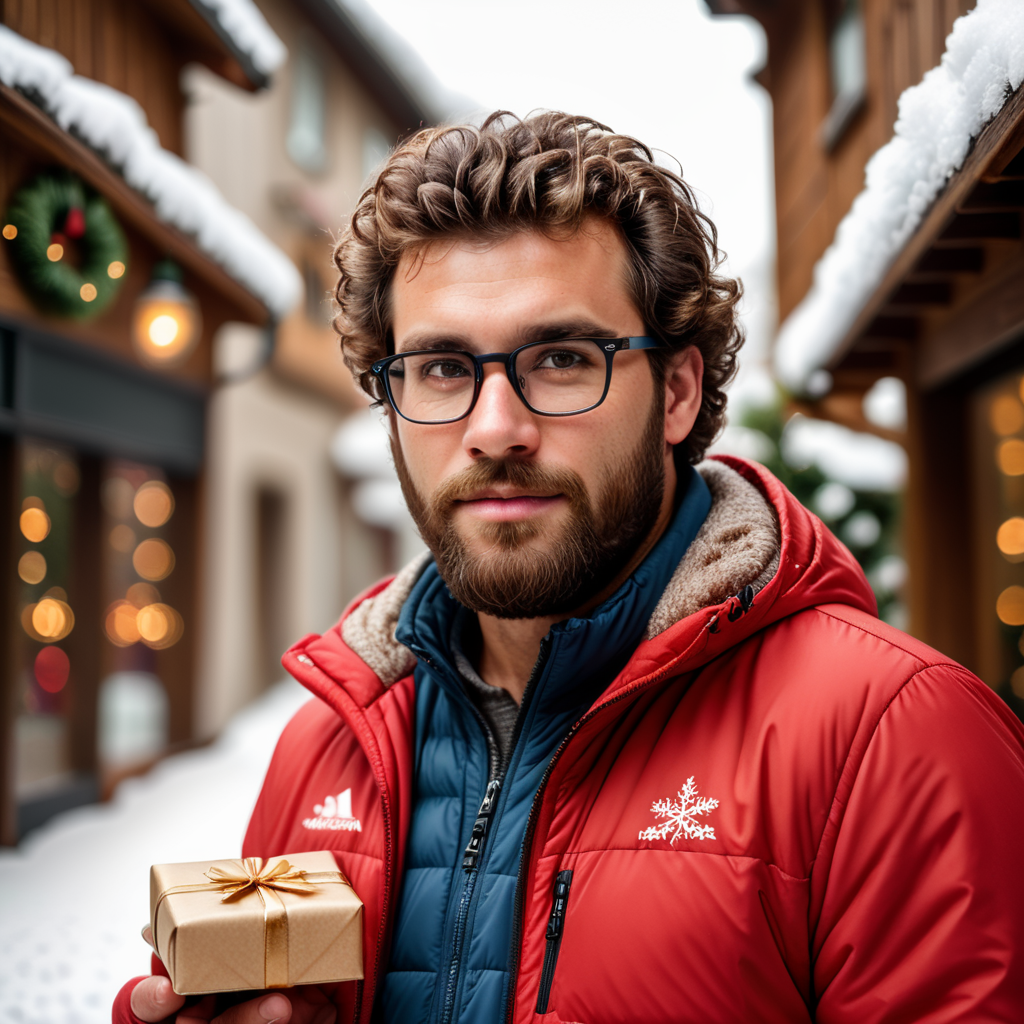 portrait of a bearded curly man wearing red puffer jacket, reeding glasses, stands front camera with gift box his hand, snowy weather, Christmas time, blurry background