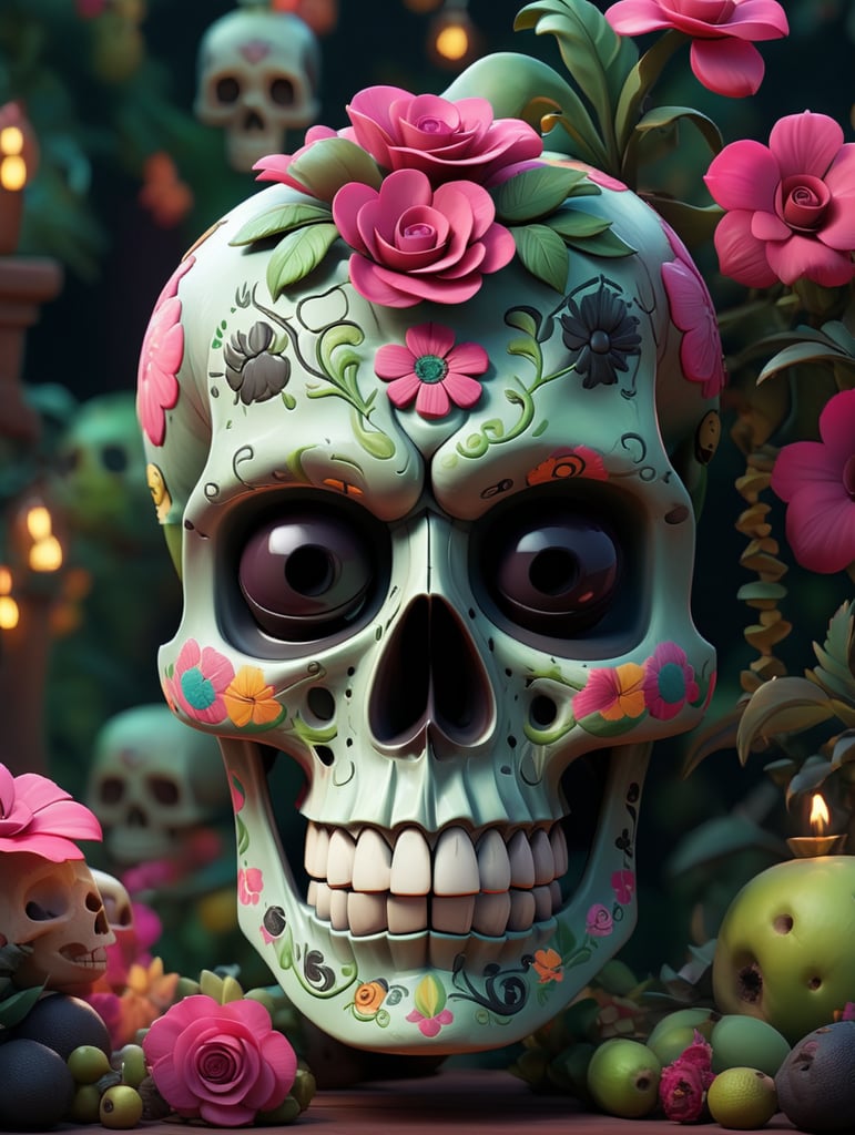 Mexican skull calavera, surrounded by poetic ornamental elements such as fruits, flowers, garlands of lights and native plants, colors pink, green, gold and black