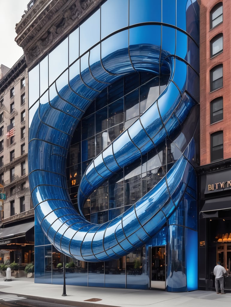 A futuristic neocosmic architectural facade of à Restaurant on the form of a musical note, in New York city, in blue glass, hyper realistic, hyper detailed, Nikon camera