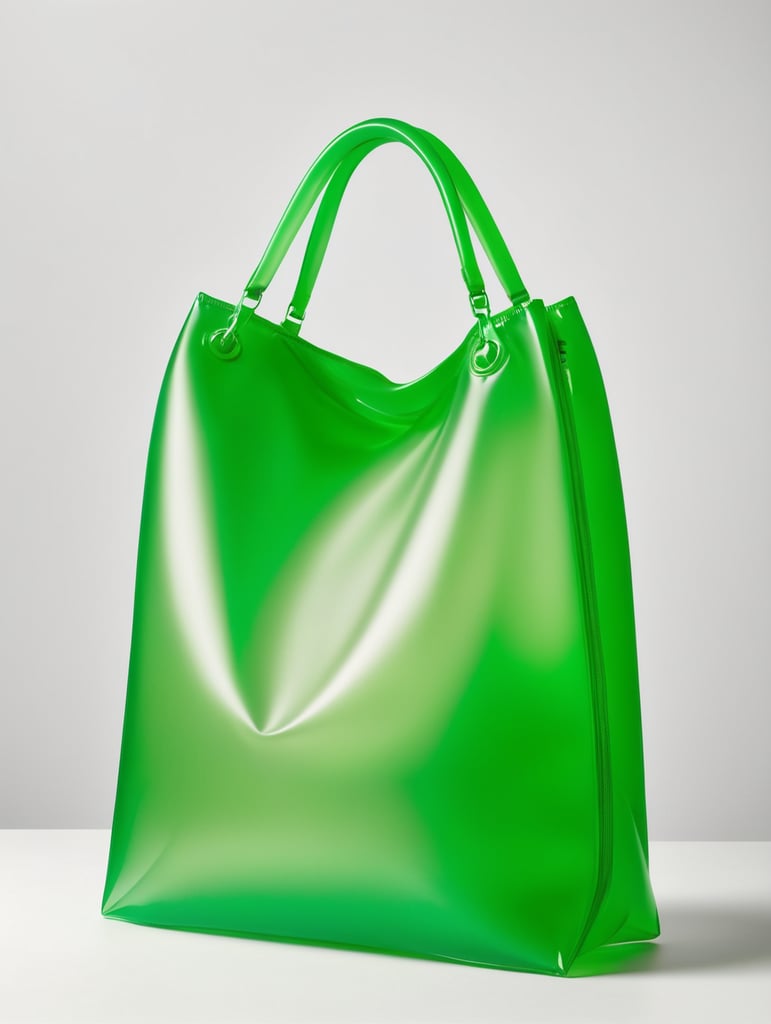 Inflatable vibrant green minimalist women's bag, transparent, isolated, grey background, mockup