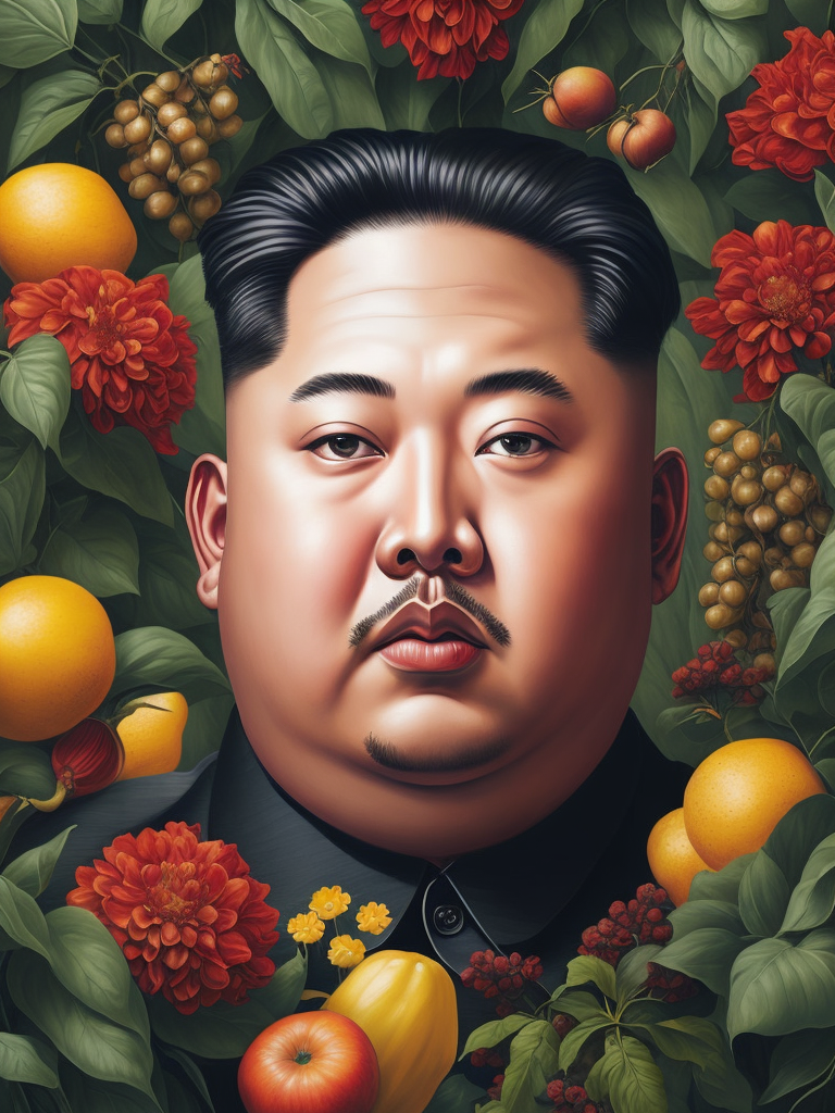 a painting of Kim Jong Un head surrounded by flowers and fruit, Painting, Oil, Still Life, Botanical, Italy, style of Giuseppe Arcimboldo