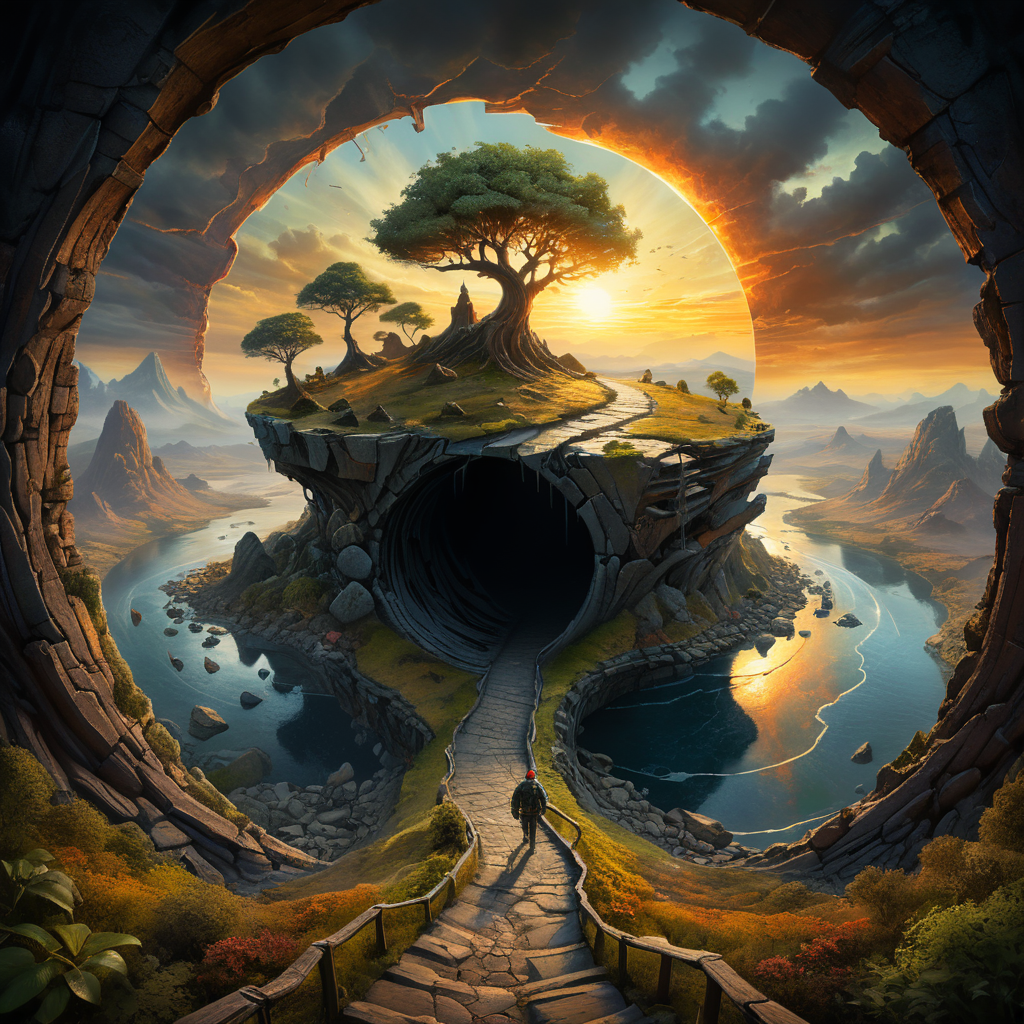 a surreal artwork that depicts a scene within a cracked open half-circular world. The edge of the circle is decorated with rocks and a tree that grows out of the sides.. A person is walking on a winding path towards the horizon where the sun is setting or rising. It seems to be an artistic expression of the contrast between reality and fantasy, or the journey towards an unknown destination.