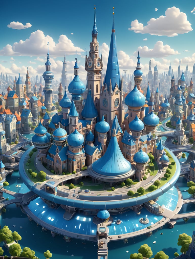 The futuristic city with a floating spire in the center, isometric design