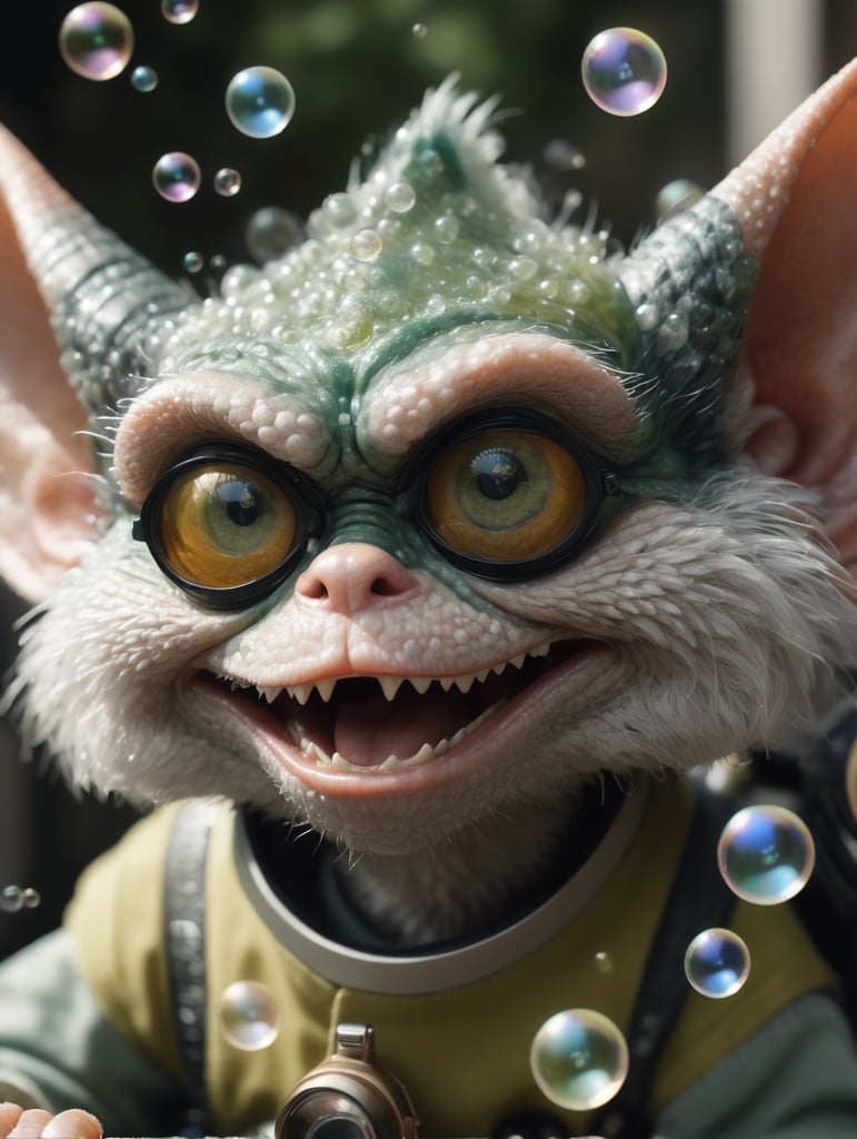 Medium close-up, leica portrait of a gremlin holding bubbles, coded patterns, sparse and simple, uhd image, urbancore, sovietwave, period snapshot, realistic photo, 4k realistic photo